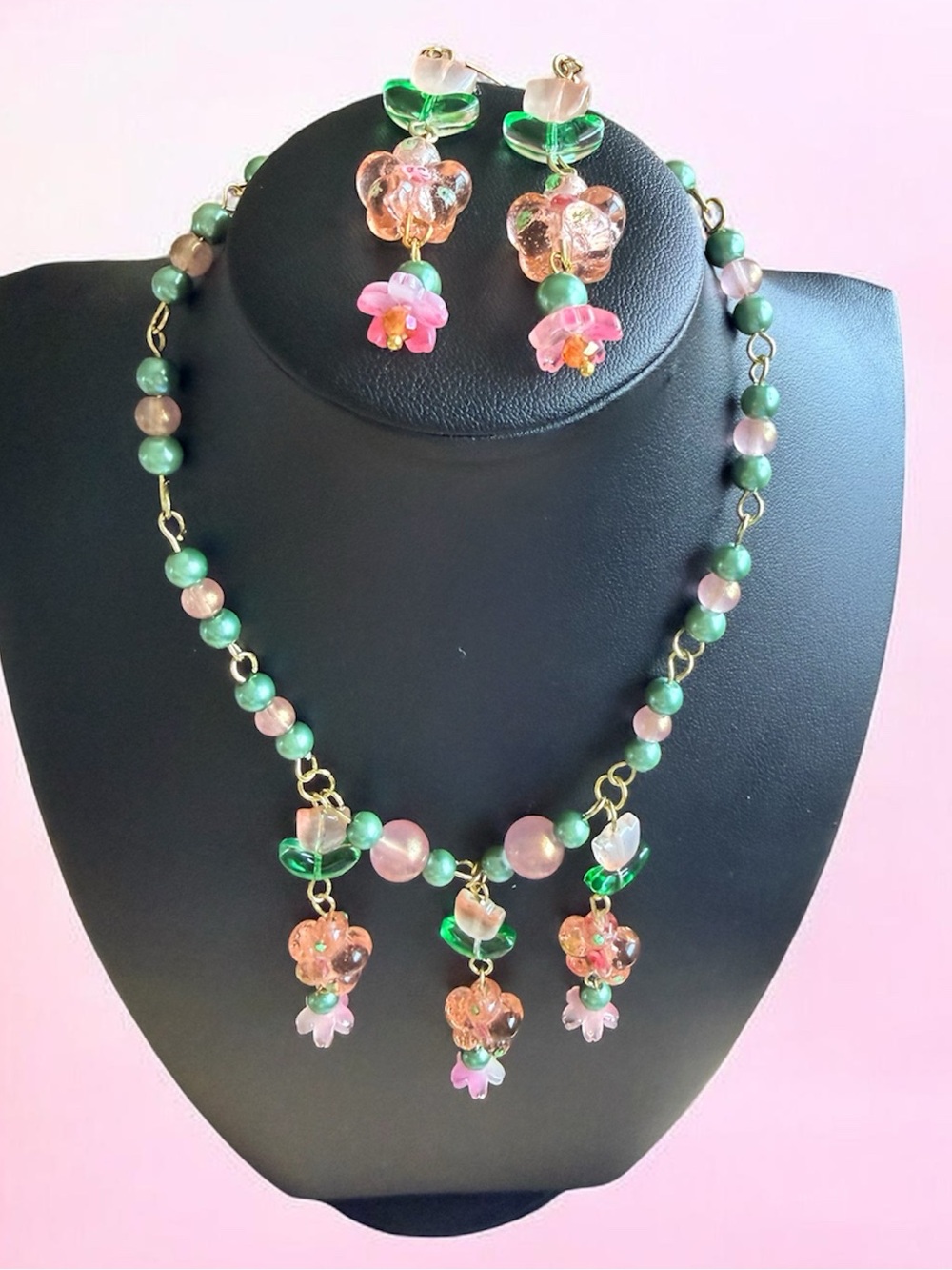 Pink and Green Floral Glass Bead Necklace and Earring Set